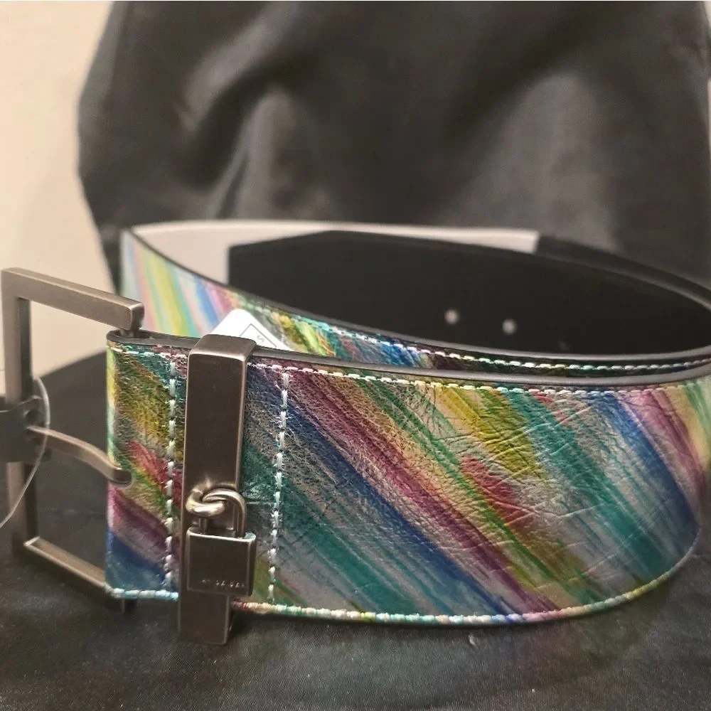 Kurt Geiger‎ London Leather Stretch Belt- Light Blue/Antique Silver